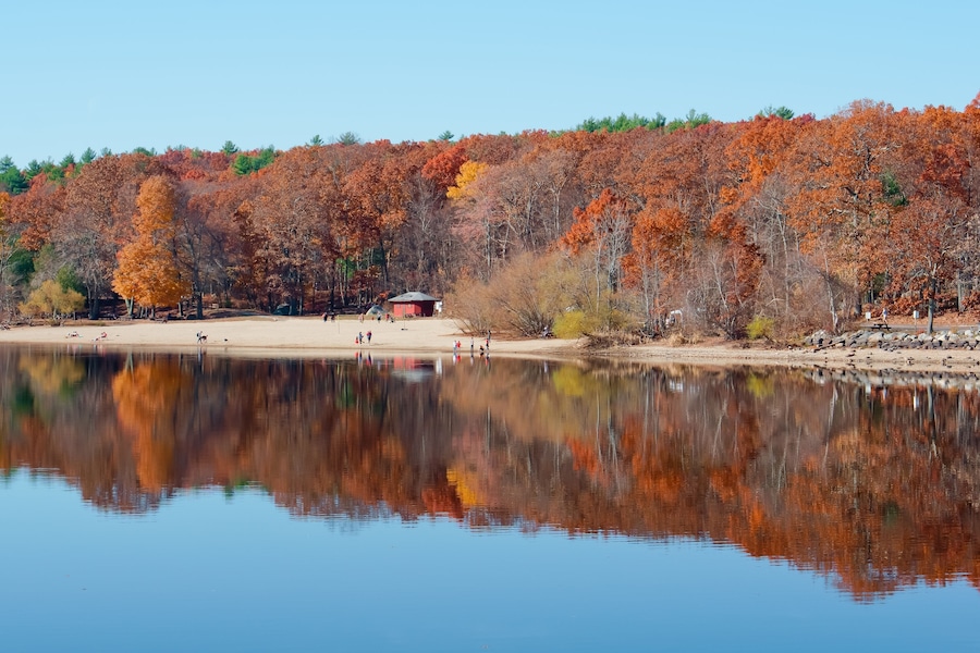 A calm lake reflecting autumn trees, a sandy beach, and a small red building.