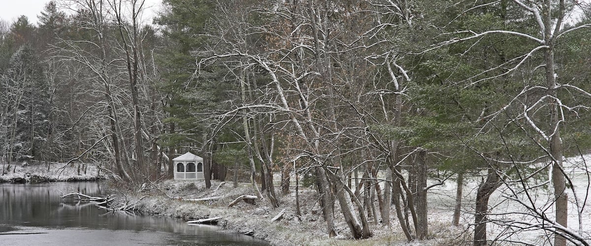 Gazebo along the Housatonic River, in winter, Glendale, Massachusetts