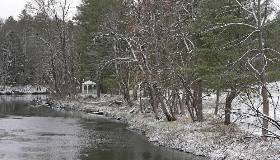 Gazebo along the Housatonic River, in winter, Glendale, Massachusetts
