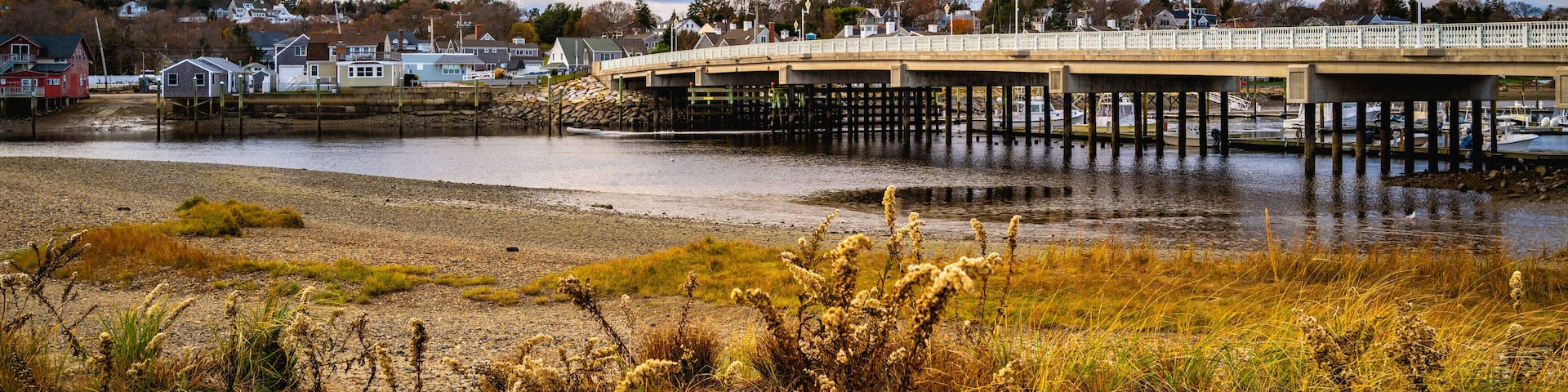 Beach seascape with the view of dried wild plants and Humarock bridge in Massachusetts.