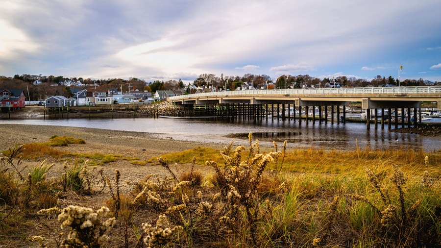 Beach seascape with the view of dried wild plants and Humarock bridge in Massachusetts.