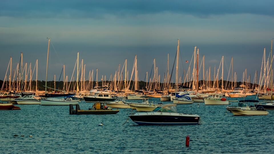 A marina with numerous sailboats docked under a cloudy sky.