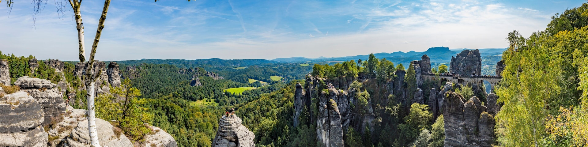 Panorama view on Bastei bridge in Saxony sandstone mountains national park