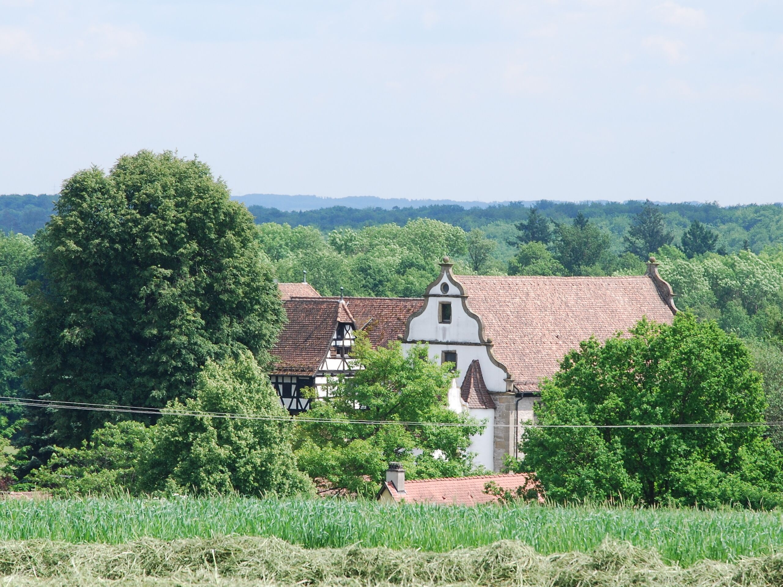 A rural landscape with a traditional building surrounded by lush greenery and fields.