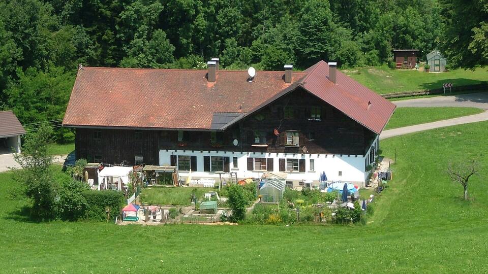 A large wooden house with a red roof surrounded by a lush green field and dense forest.