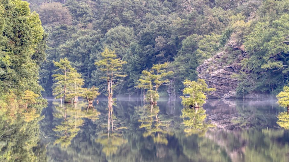 A calm lake surrounded by dense forest and rocky cliffs.