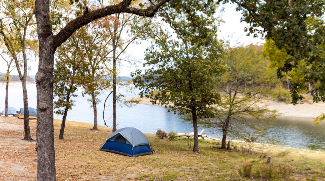 Camping tents near a beautiful lake among trees, campsite, adventure vacation concept, Broken bow lake in Oklahoma, USA.