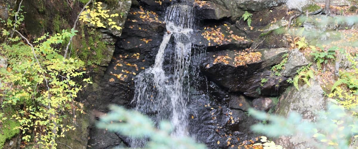 A waterfall cascading over rocks in a forested area with autumn leaves.