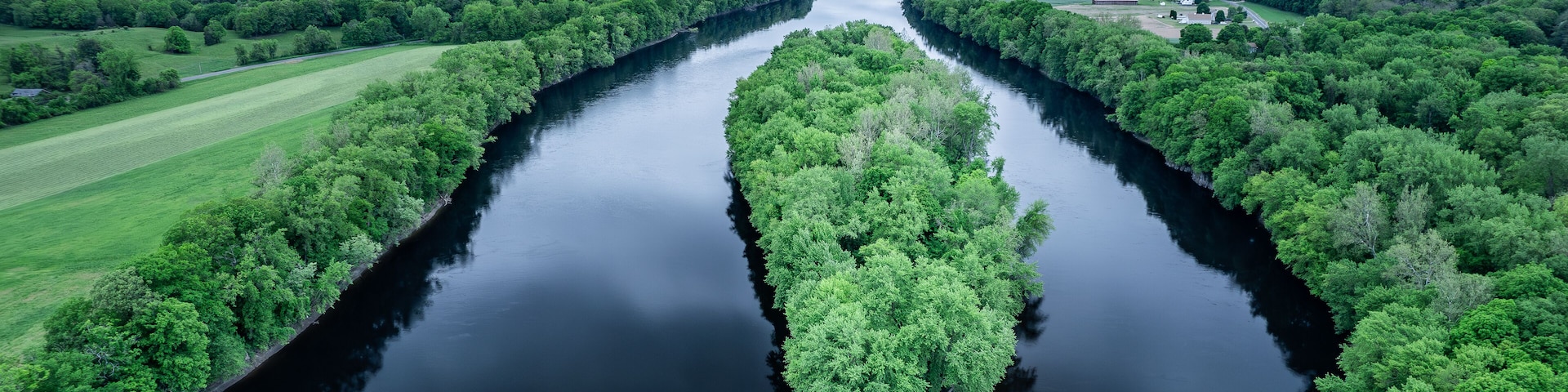 Aerial view of the Connecticut River in May from Sunderland, Massachusetts