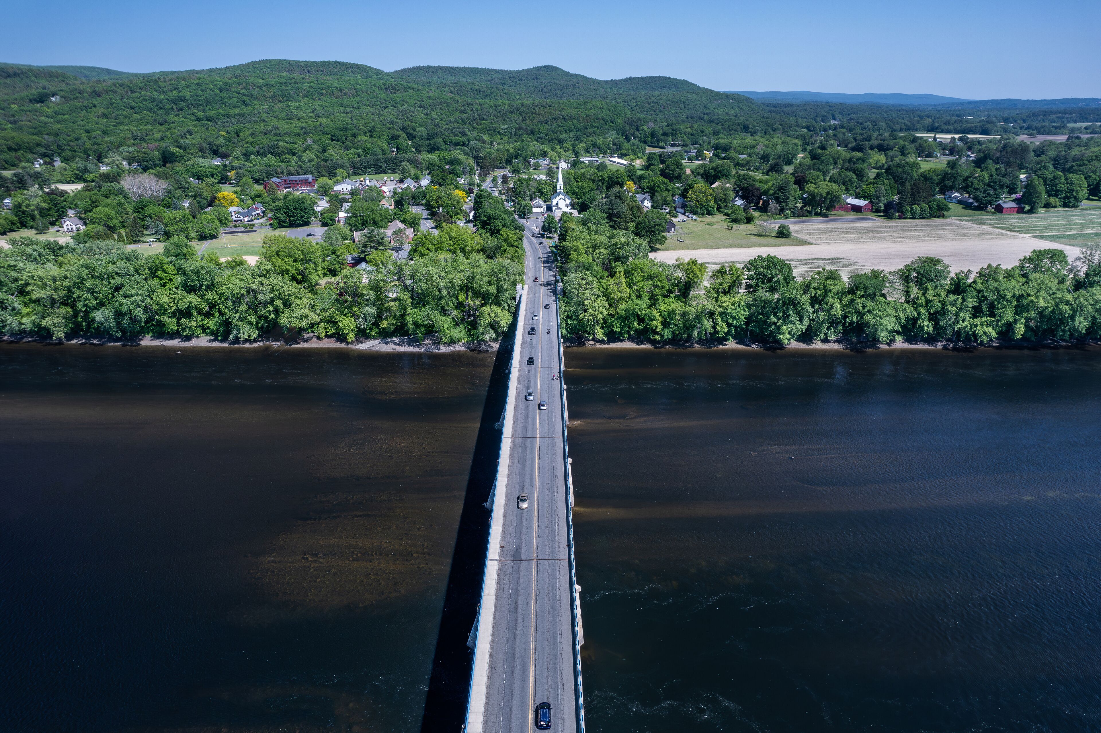 Aerial view of the Connecticut River and Sunderland, Massachusetts 