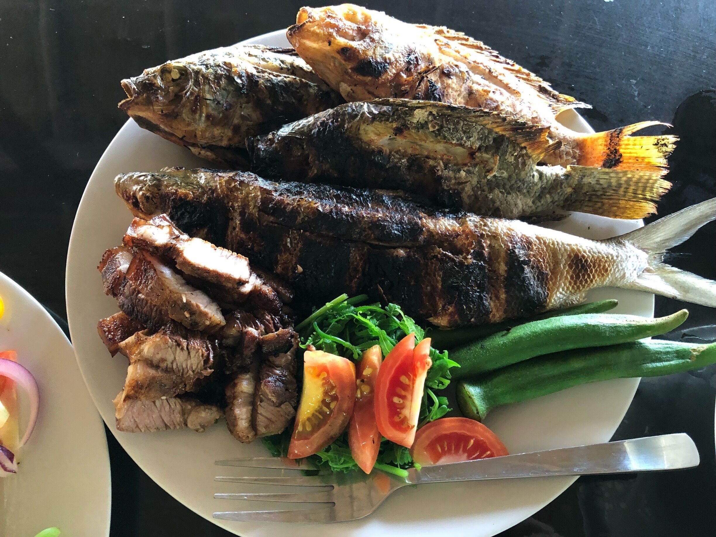 Grilled fish and meat on a plate with vegetables.
