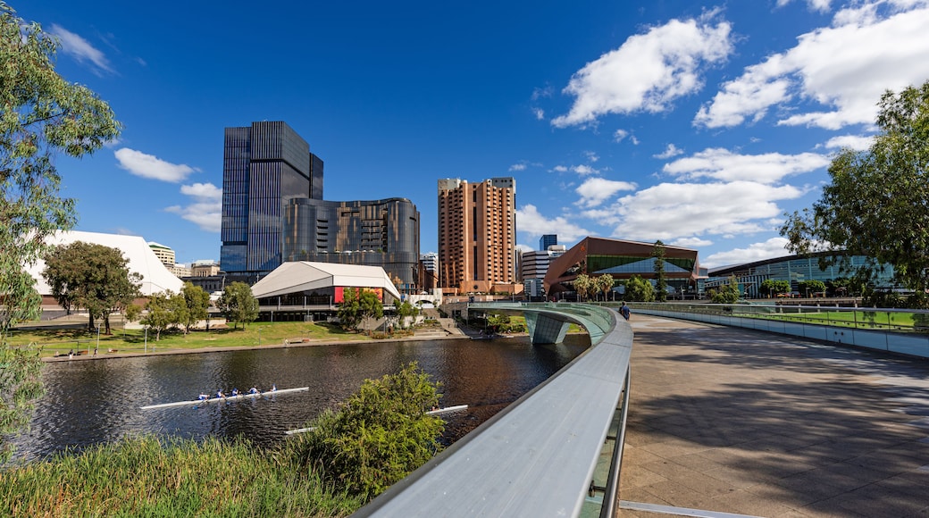 A river with a bridge, modern buildings, and a park with trees.