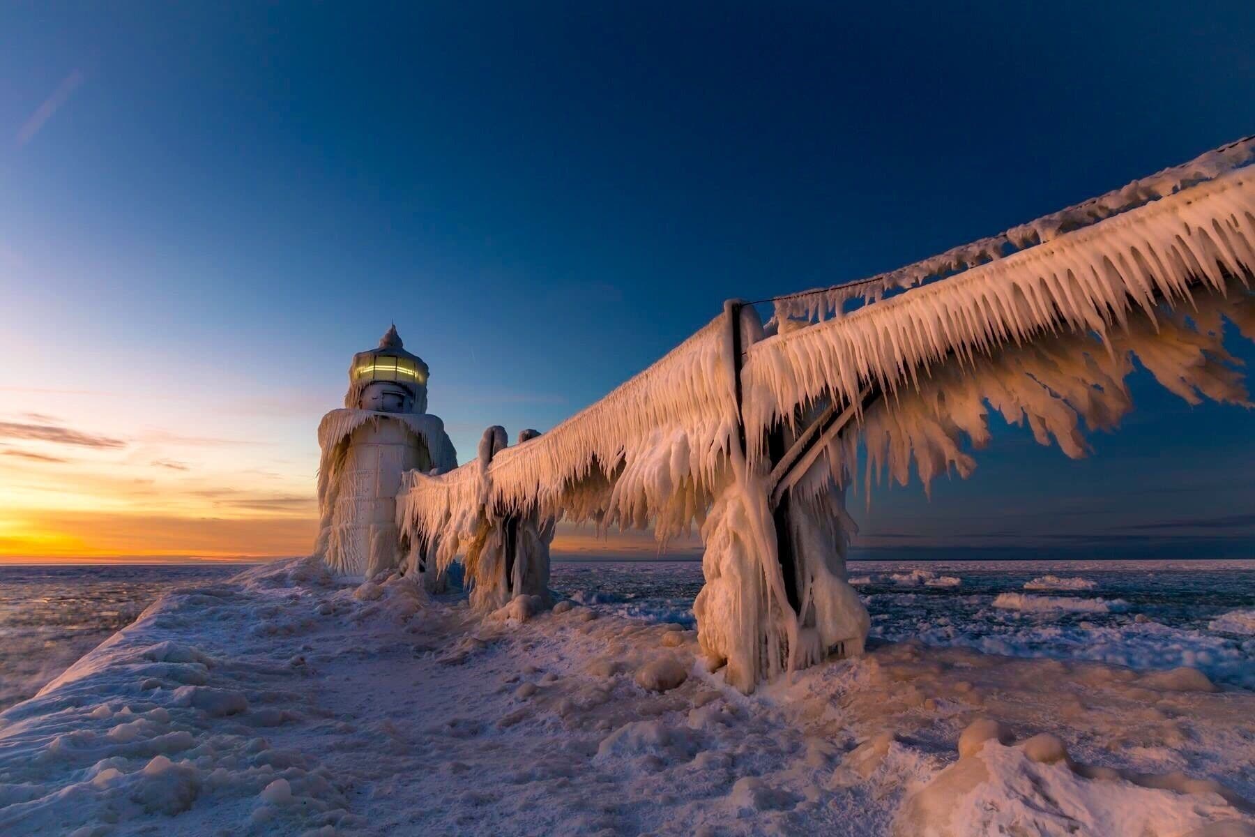 Spectacular place for winter sunsets! So cold! And so beautiful ❤️The St. Joseph North Pier Inner and Outer Lights are lighthouses in Michigan at the entrance to the St. Joseph River on Lake Michigan. The station was built in 1832 with the current lights built ...