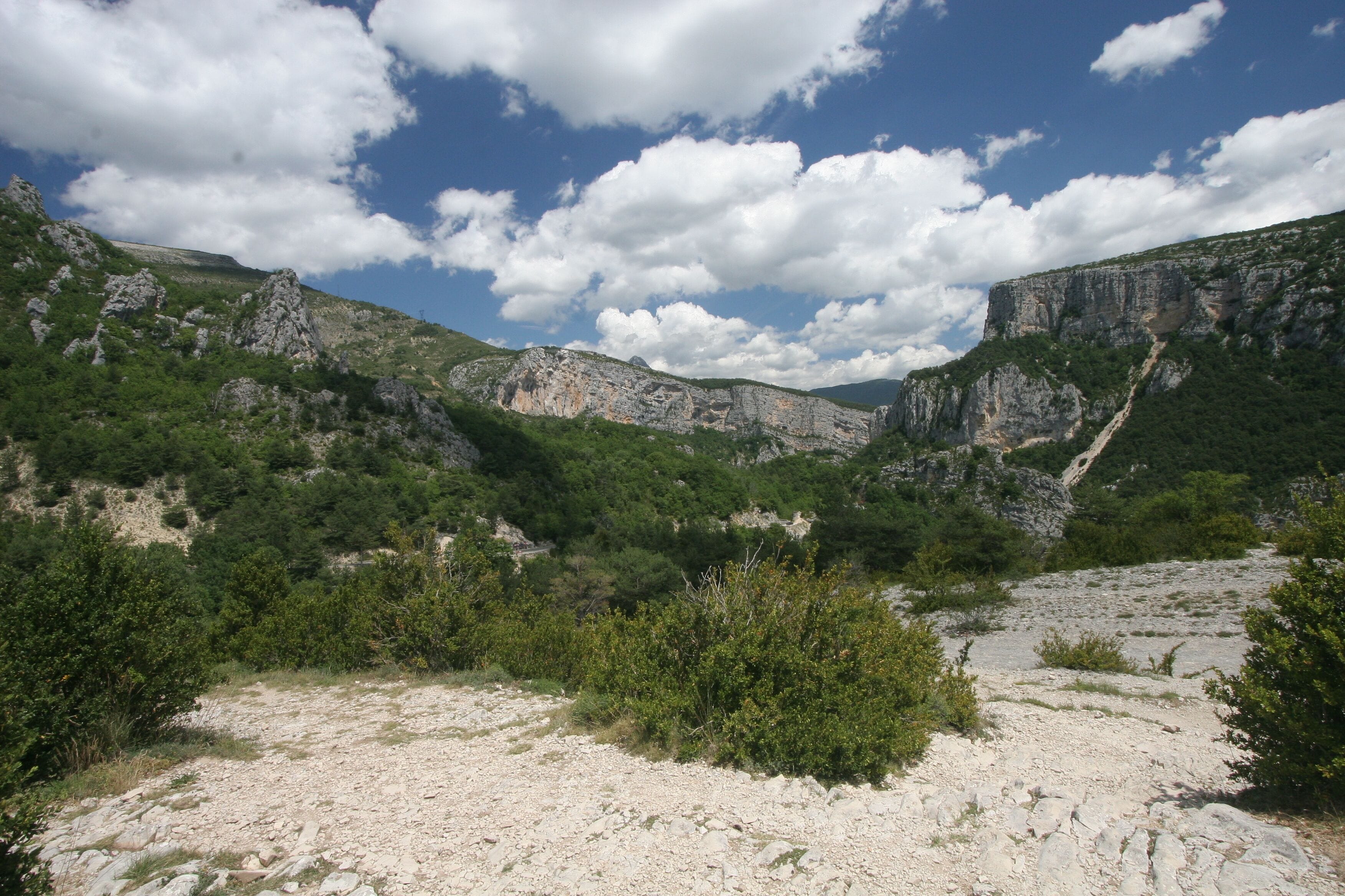 A rocky landscape with cliffs and sparse vegetation.