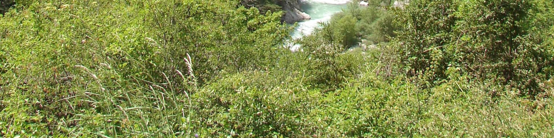 A canyon with steep cliffs and a river flowing through it.