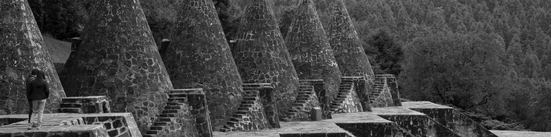 Temoaya, Mexico State, Toluca / Mexico -Sep 08 2018 Black and white wide angle view of the Otomi ceremonial center