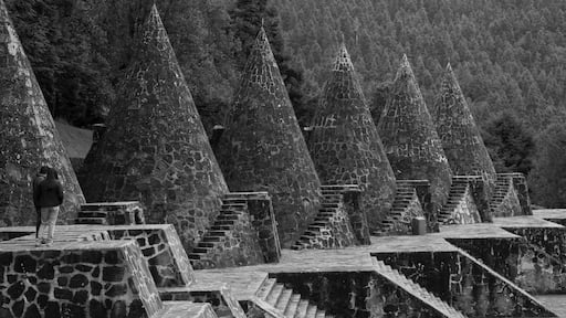 Temoaya, Mexico State, Toluca / Mexico -Sep 08 2018 Black and white wide angle view of the Otomi ceremonial center