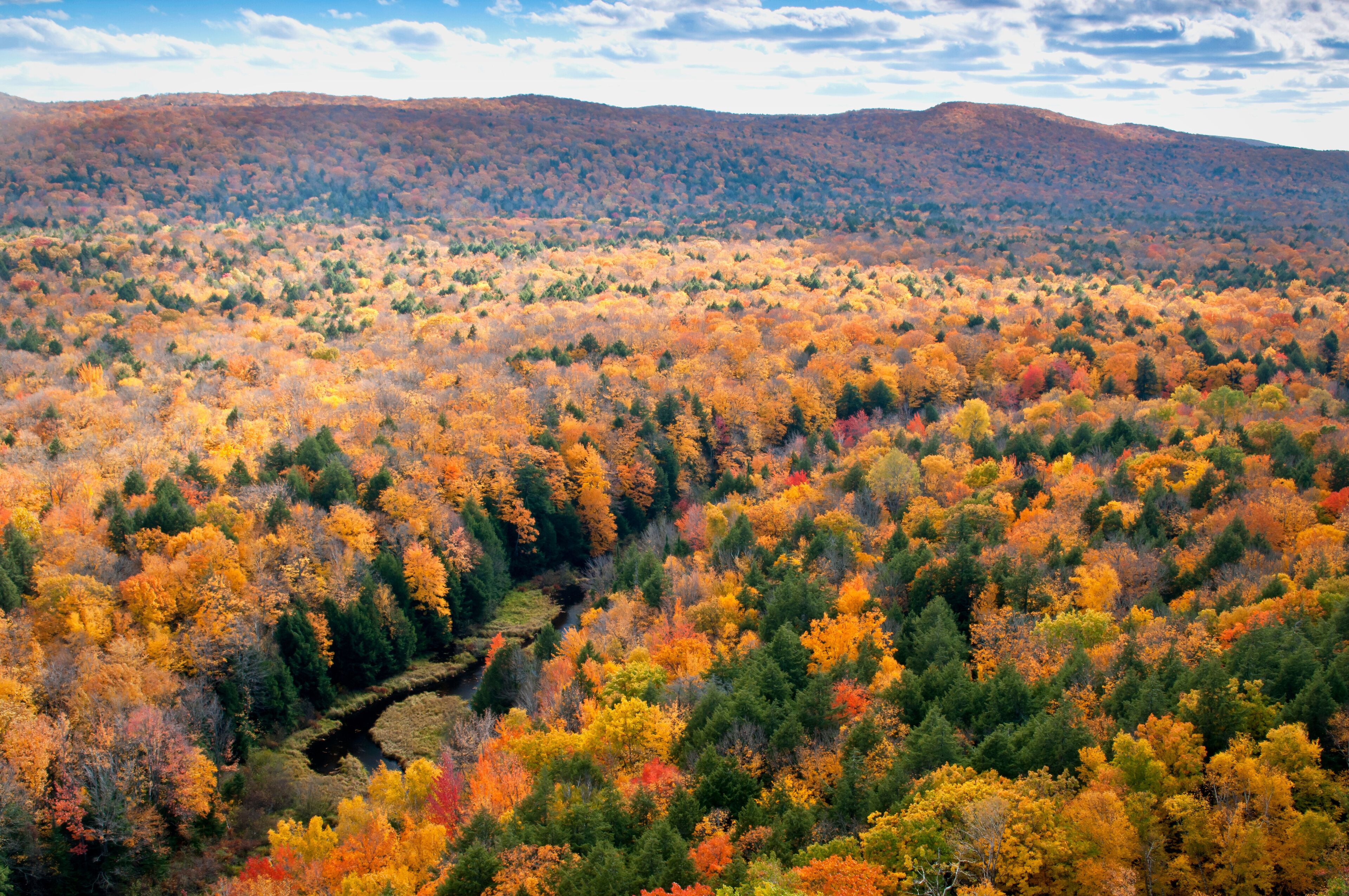 View of the Carp River Valley and autumn colors from the Lake of the Clouds Scenic Overlook, Porcupine Mountains Wilderness State Park, Michigan. 