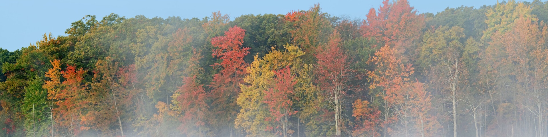 A calm lake reflecting autumn trees with red, yellow, and green foliage.