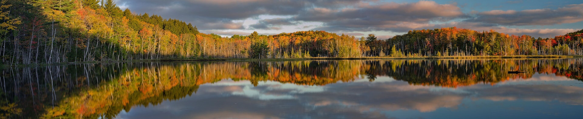 Un lago tranquilo que refleja árboles otoñales y un cielo nublado.
