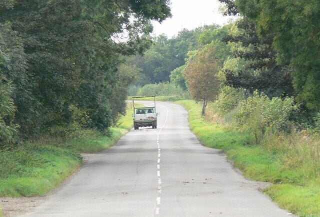 A rural road flanked by trees and vegetation.