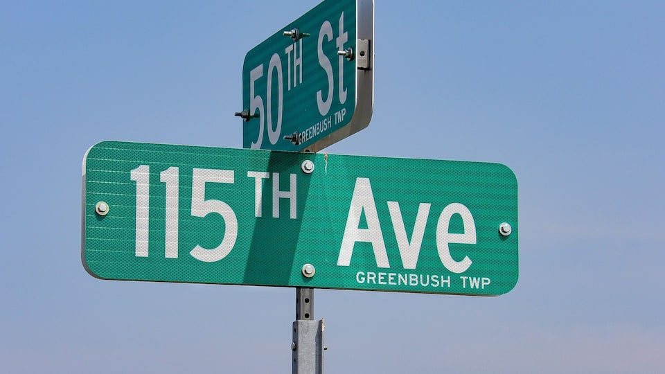 Street signs for 50th St and 115th Ave in Greenbush TWP.