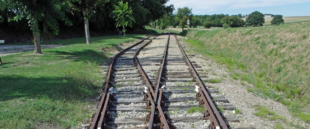 Railway tracks curving through a grassy field with trees in the background.