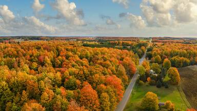 Beautiful late day sun light on scenic drive in autumn through the central Michigan farm countryside near Cadillac