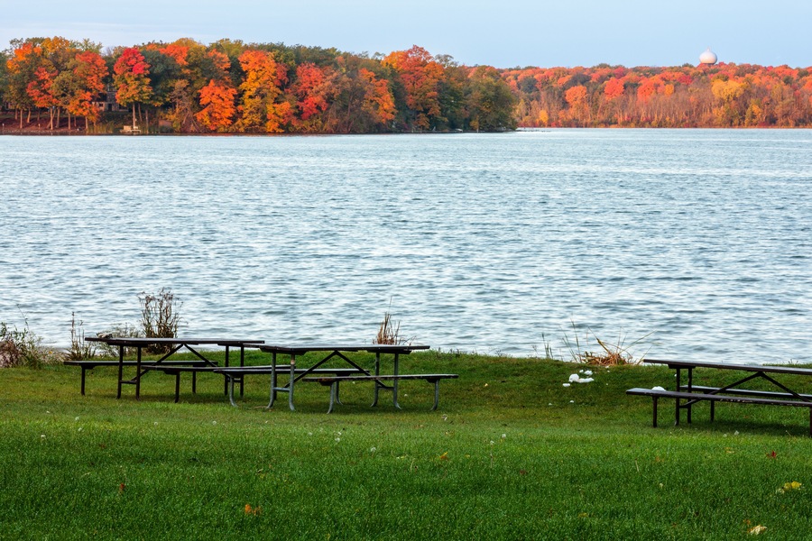 Pike Lake diistant west shoreline as seen from the eastern picnic area within Pike Lake Unit, Kettle Moraine State Forest, Hartford, Wisconsin in the early monring in mid-October