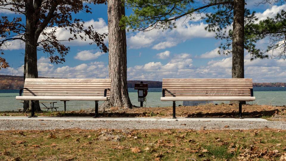Two wooden benches by a lake with trees and a 'No Beachguard' sign.