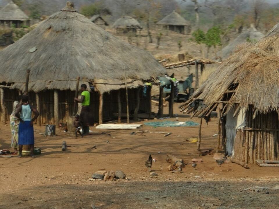 A rural village with thatched-roof huts, people engaged in daily activities, and chickens on the ground.