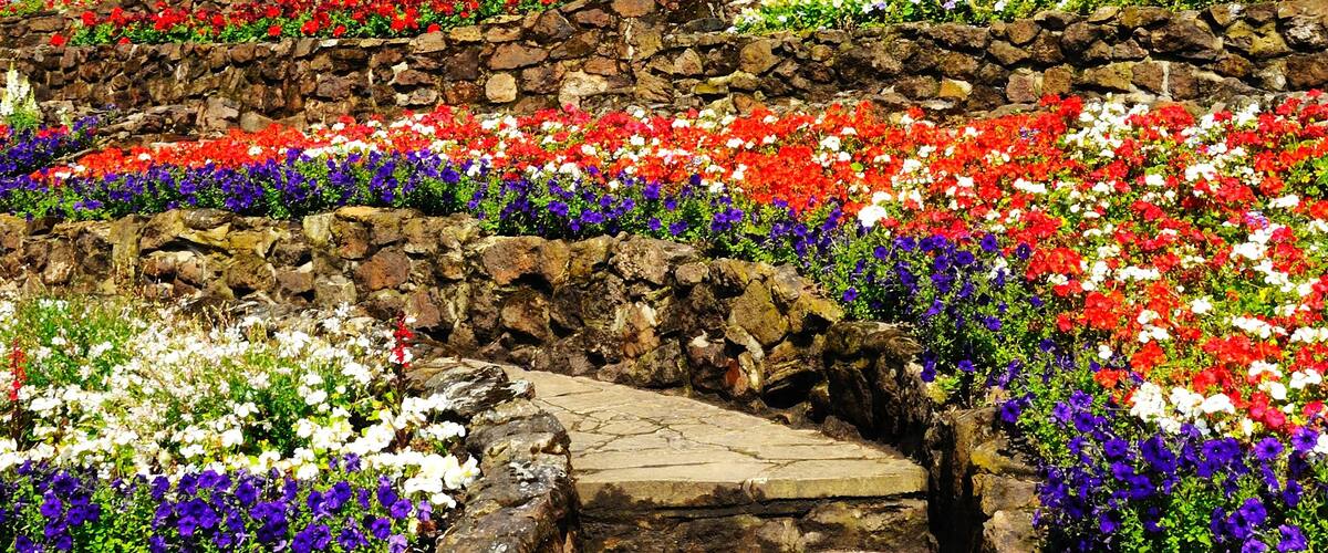 A castle with a stone staircase surrounded by colorful flower beds.