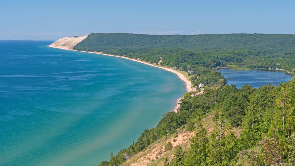 A coastal landscape with a sandy beach, dense green forest, and a large body of water.