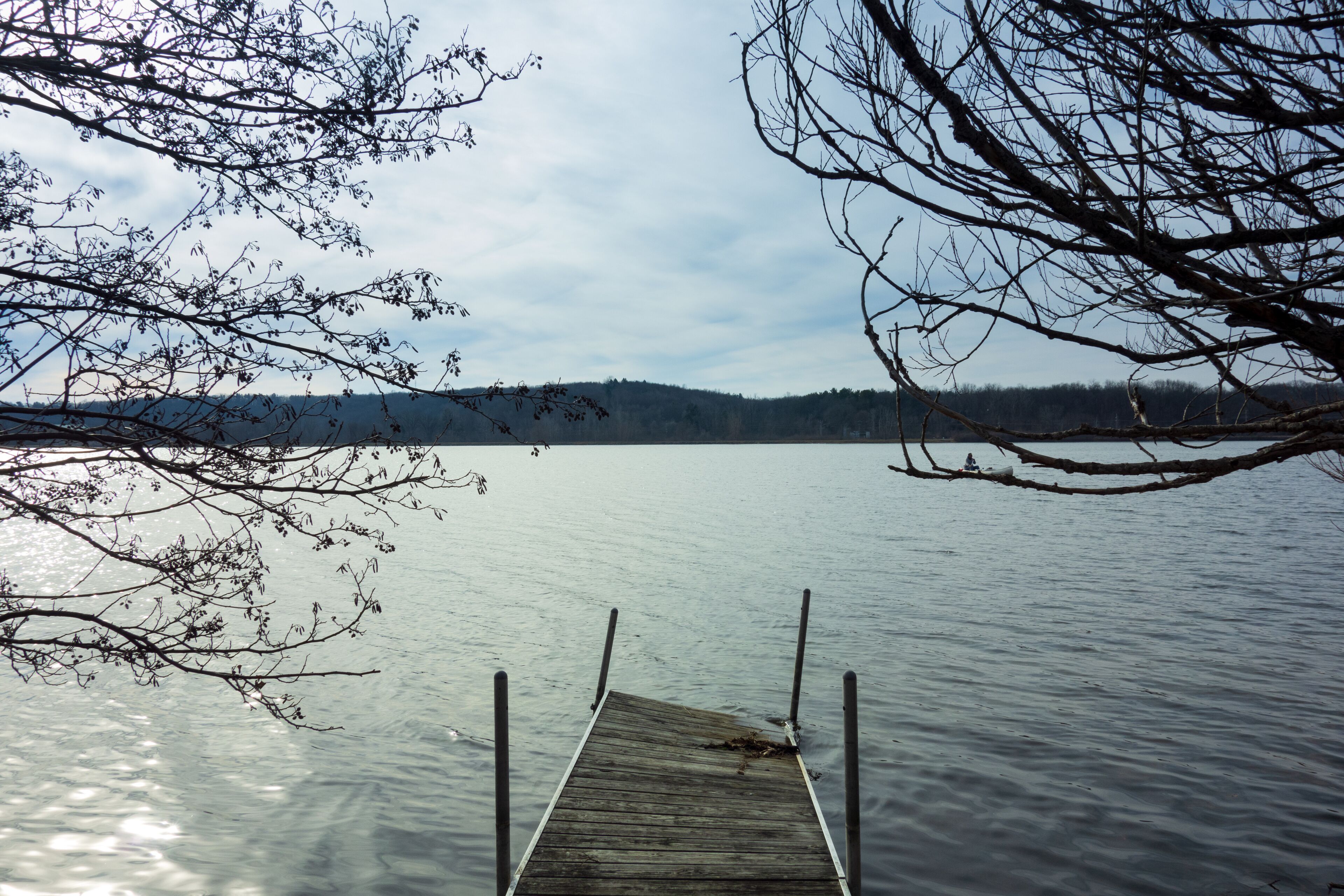 A broken dock on the Huron River in winter, Ann Arbor, Michigan