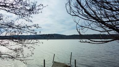 A broken dock on the Huron River in winter, Ann Arbor, Michigan