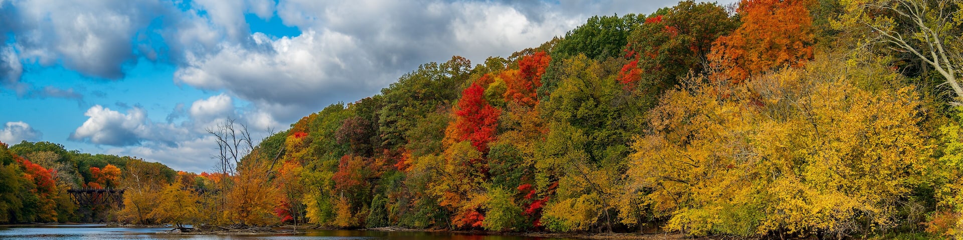 Vivid fall foliage on the Grand River river in Grand Ledge with cloudy sky