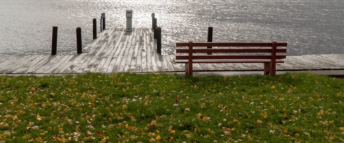 A wooden pier extending into a lake with a bench at the end.