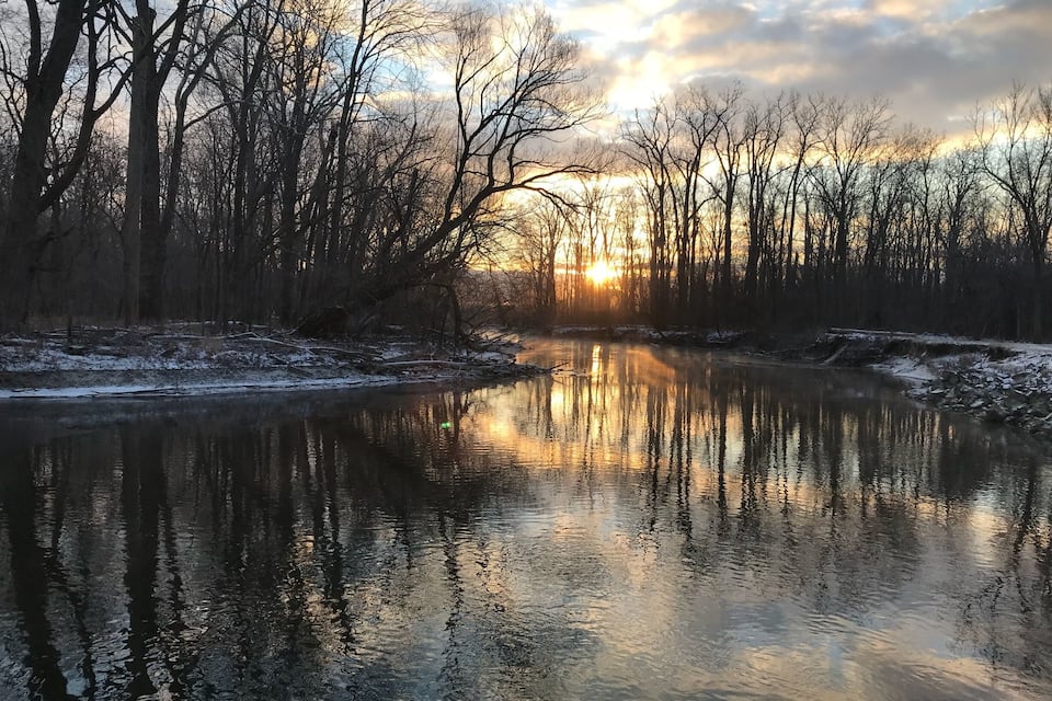 A river reflecting trees and a sunset.