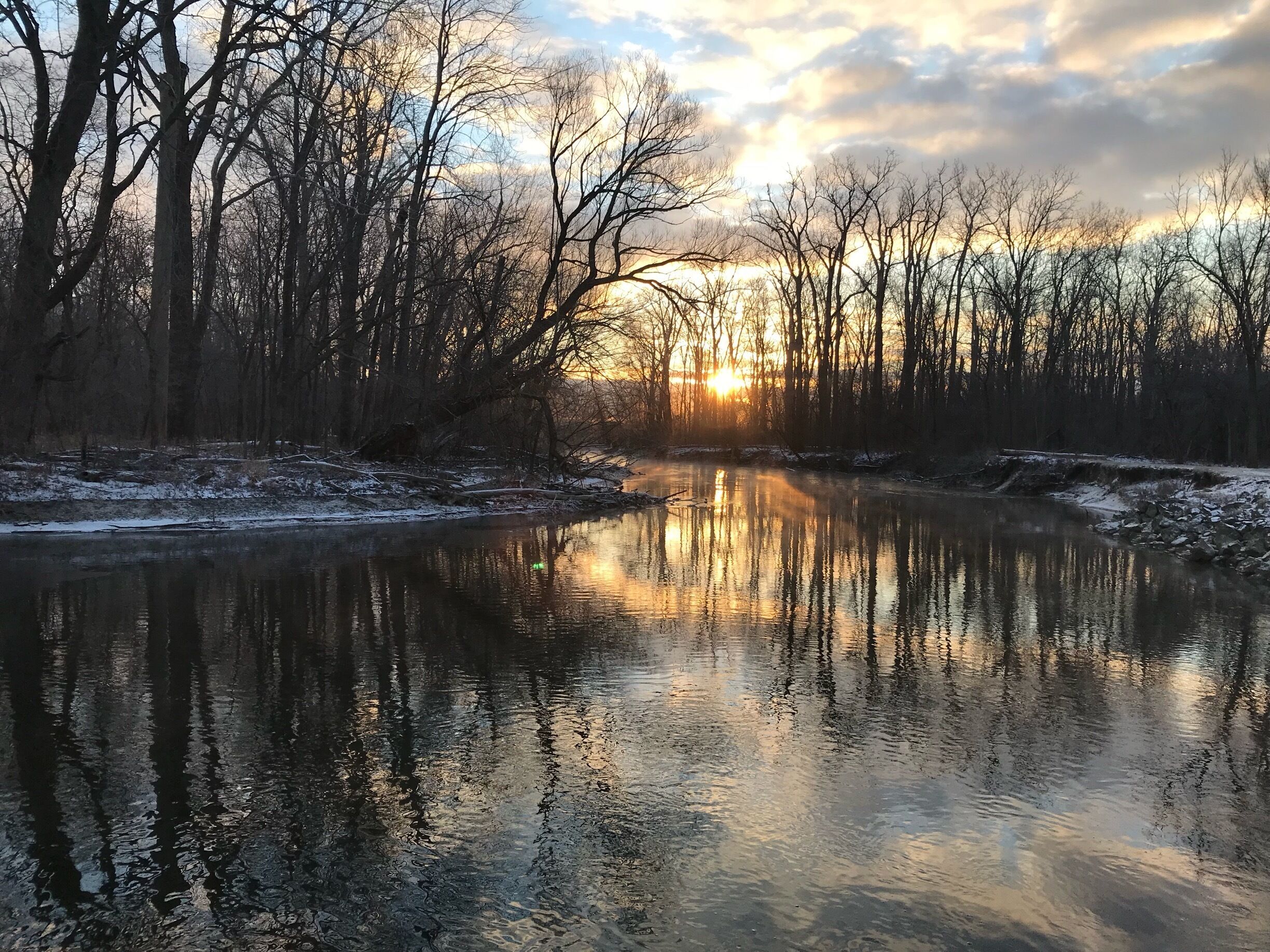 A river reflecting trees and a sunset.