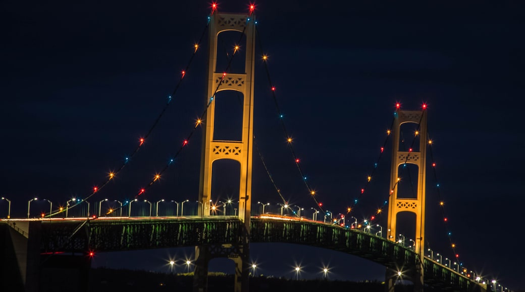 A bridge with two towers and colorful lights.