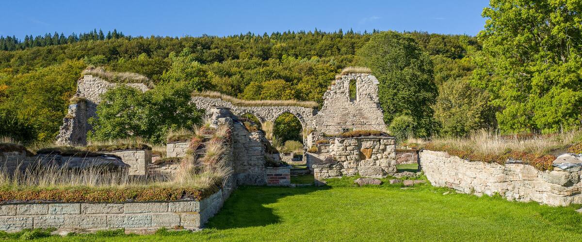 Ancient stone ruins with arches and walls amidst a lush green landscape.