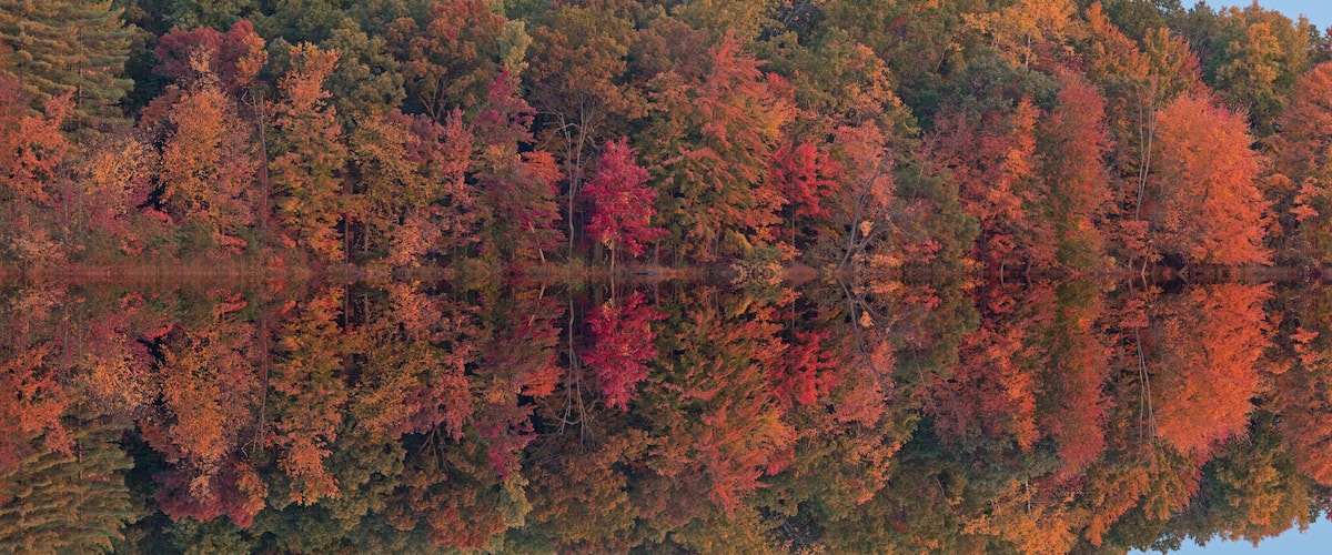 Autumn landscape of the shoreline of Long Lake with mirrored reflections in calm water, Yankee Springs State Park, Michigan, USA