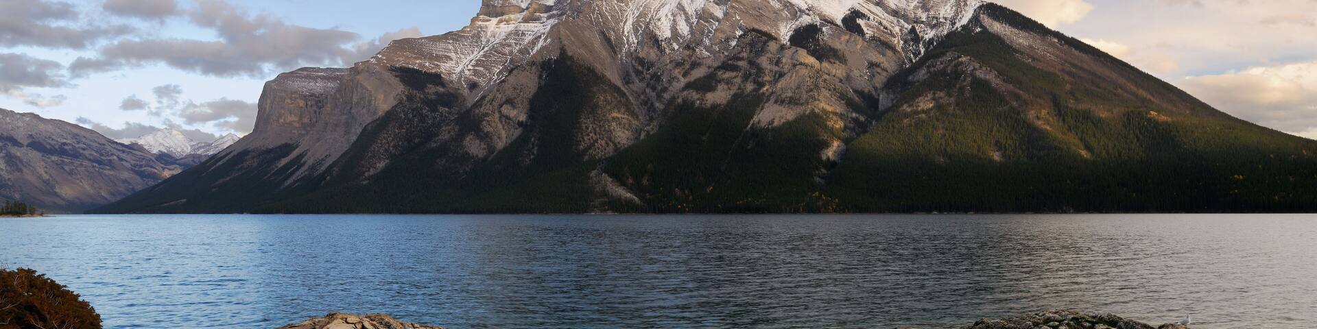 Panorama of Mount Inglismaldie Girouard and Peechee from Lake Minnewanka Banff