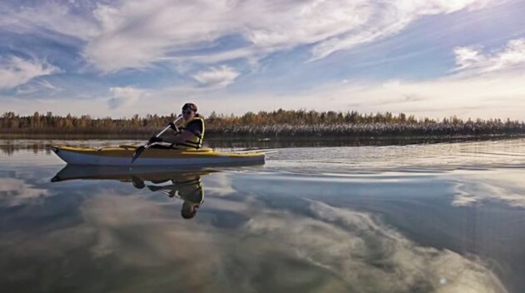 Kayaking on Gull Lake, Alberta. Still water and blue skies make us happy campers.
#ExploreAlberta #Canada