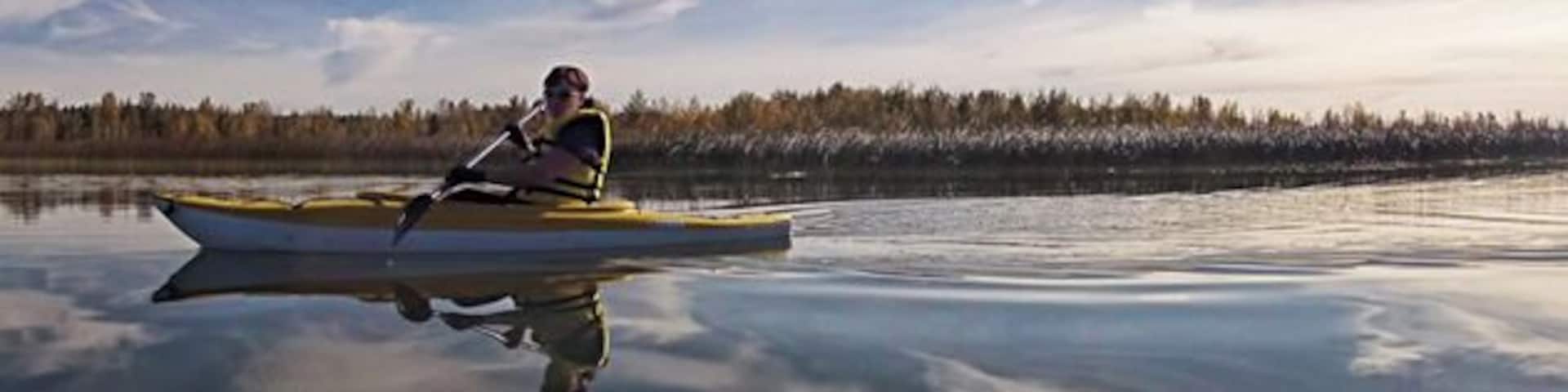 Kayaking on Gull Lake, Alberta. Still water and blue skies make us happy campers.
#ExploreAlberta #Canada