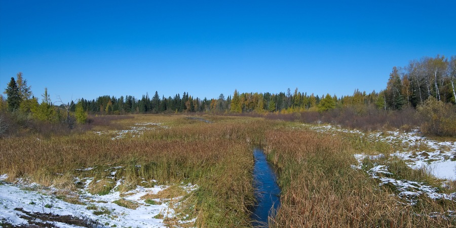 Mississippi River is seen flowing north, about one mile from the source, Lake Itasca. Photo taken from second highway bridge over the river in northern Minnesota.