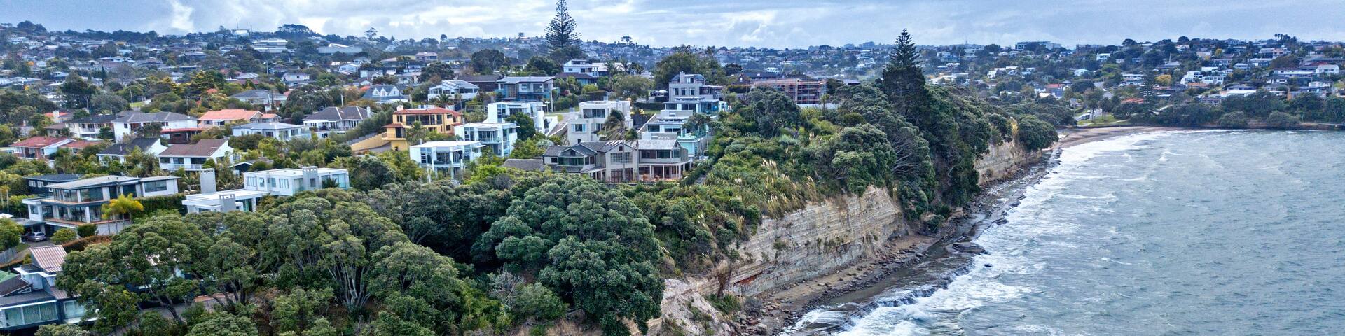 A coastal residential area with houses along the cliffside, a beach, and the ocean.
