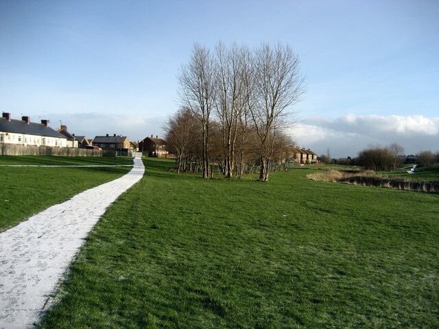 Path by River Don at Boldon Slight sprinkling of snow on the path. The River Don wends its way through a green corridor between West Boldon and New Town