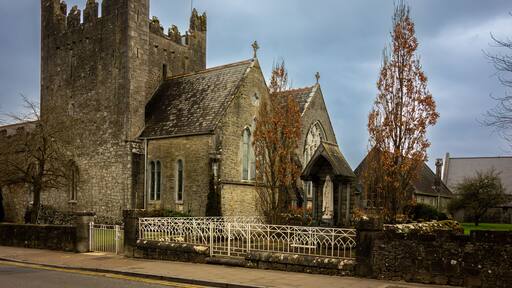 Holy Trinity Abbey Church in Adare, County Limerick, Ireland. Medieval Gothic Revival architecture. Roman Catholic parish church