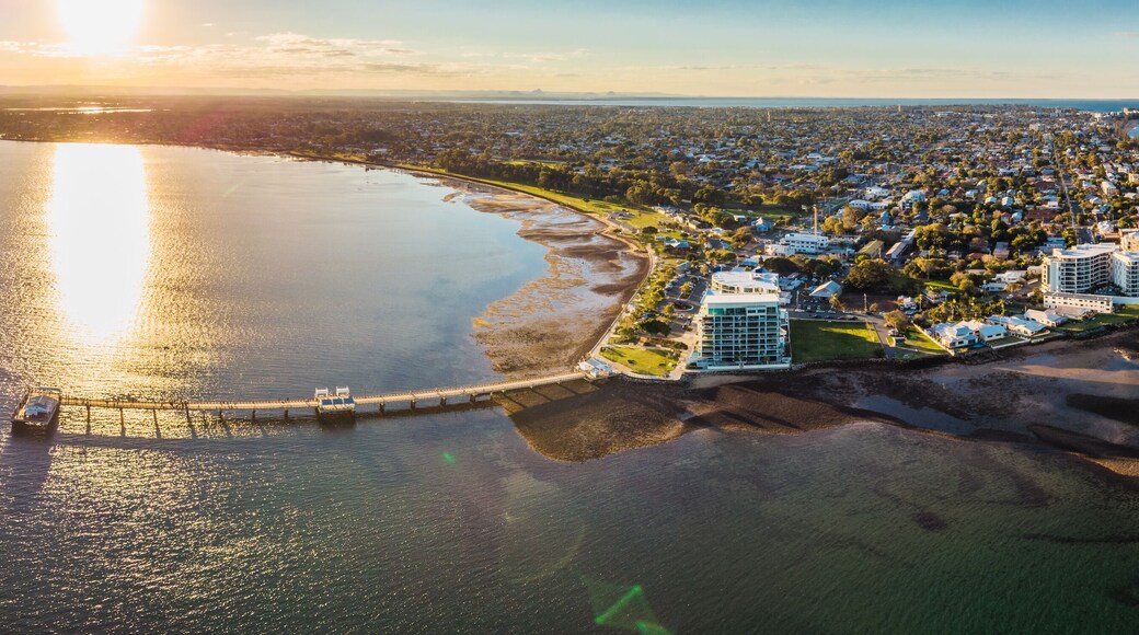 Drone view of Woody Point Jetty, a famous landmark on the Moreton Bay